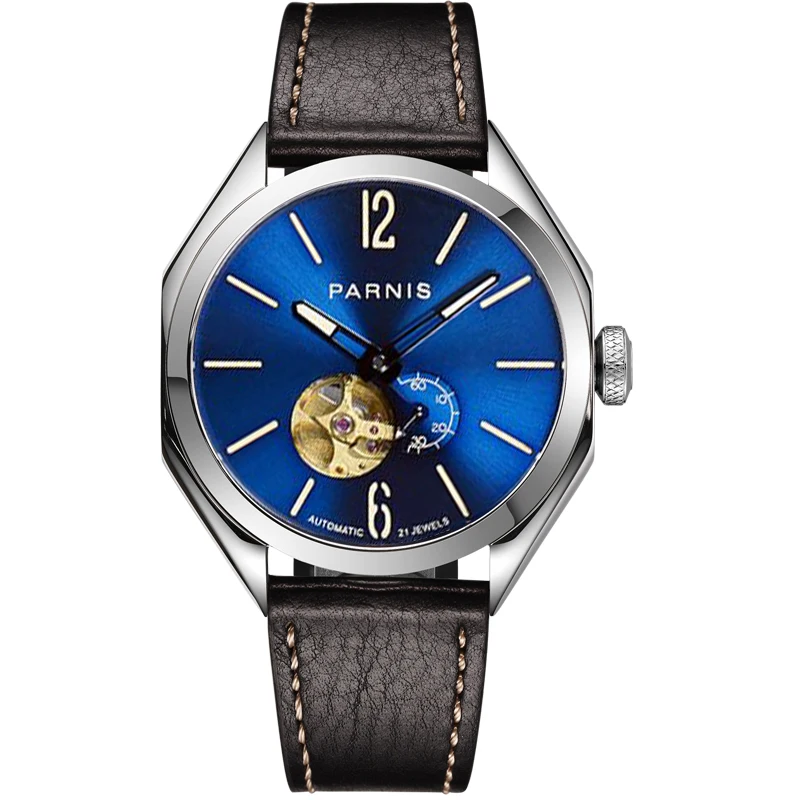 Модные Мужские часы Parnis 43 мм с синим циферблатом, автоматические Механические часы, Сапфировое стекло, кожаный ремешок, спортивные мужские часы reloj hombre 2023