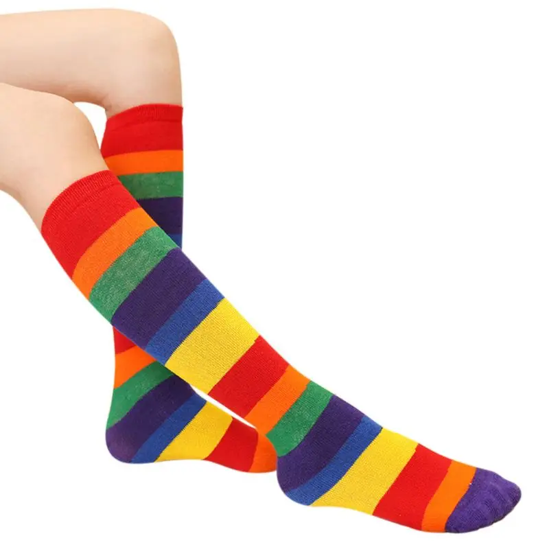 Детские радужные спортивные носки для мальчиков и девочек, разноцветные полосатые гольфы до колена