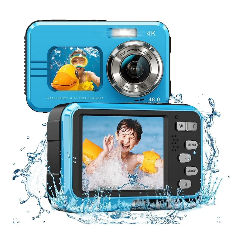 Подводная камера с 16-кратным цифровым зумом, цифровая камера с двумя экранами, селфи 48 Мп для детей с подводным плаванием