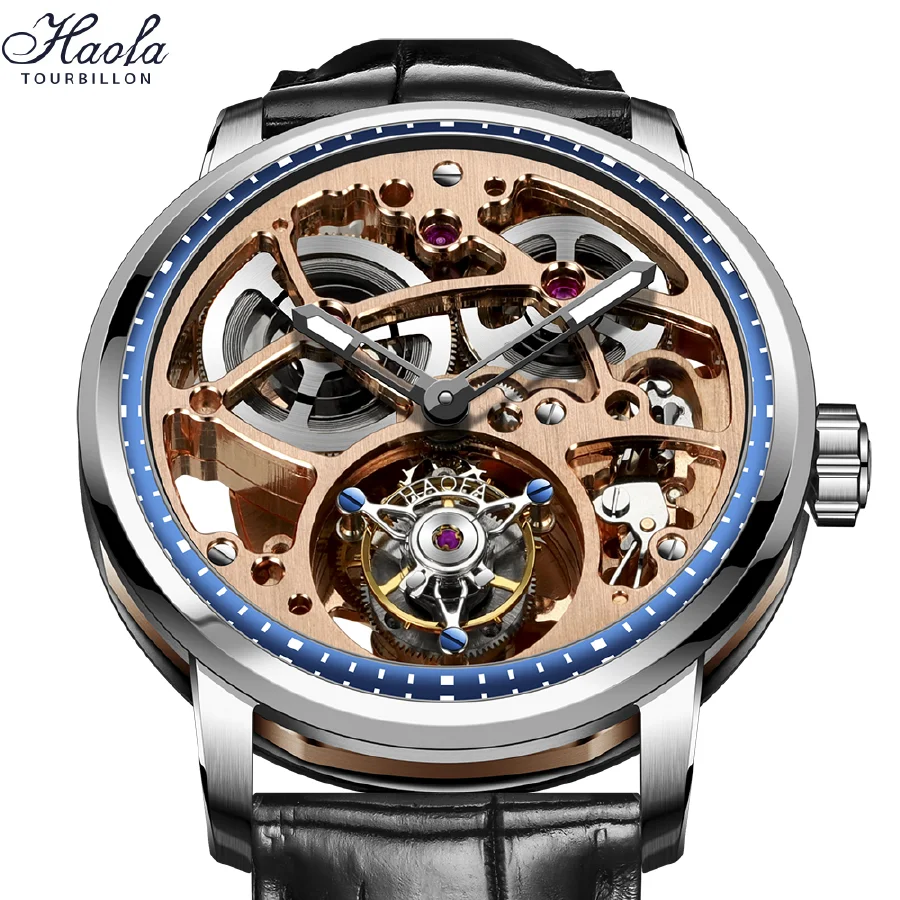 Роскошные мужские наручные часы с автоматическим турбийоном, механический скелетонирующий механизм, часы с двойной пружиной, мужские 2021 Tourbillon