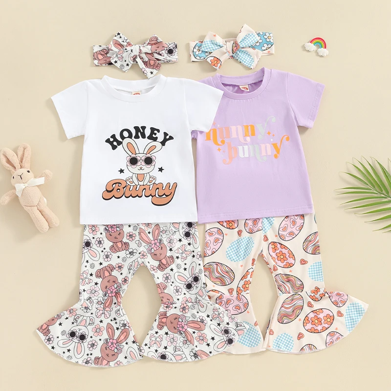 Модные комплекты пасхальной одежды для малышей и маленьких девочек, футболки с круглым вырезом и короткими рукавами с буквенным принтом в виде кролика, расклешенные брюки, головные уборы