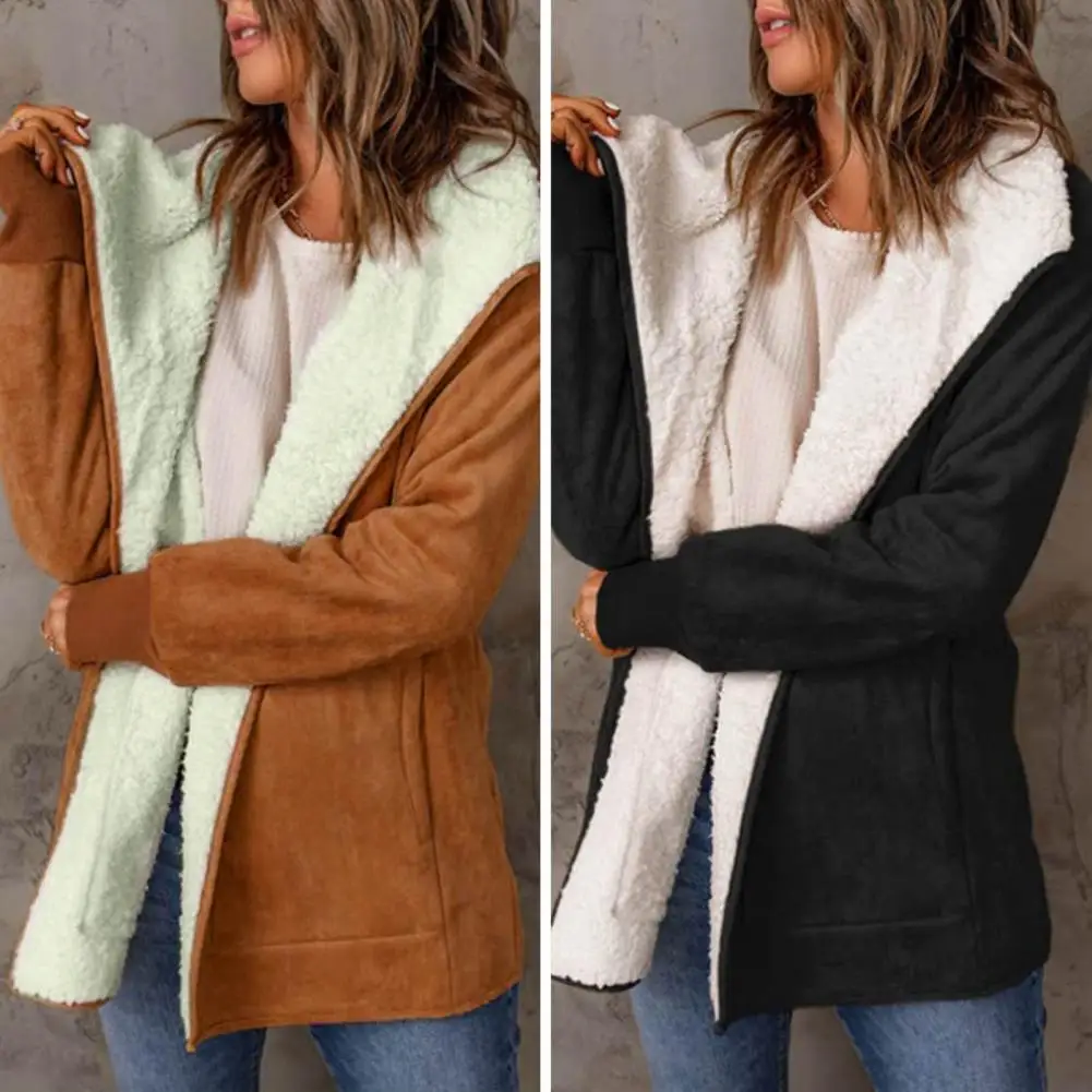 Женское зимнее пальто, женский жакет-кардиган средней длины с плюшевыми лацканами и карманами на эластичных манжетах, осень-зима, однотонный, для дам