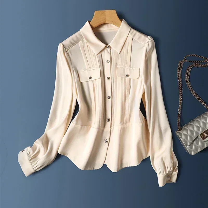 Новые модные офисные женские топы с отложным воротником и длинным рукавом, осенняя однотонная рубашка на пуговицах, Элегантная шелковая блузка, женские Блузки 29945