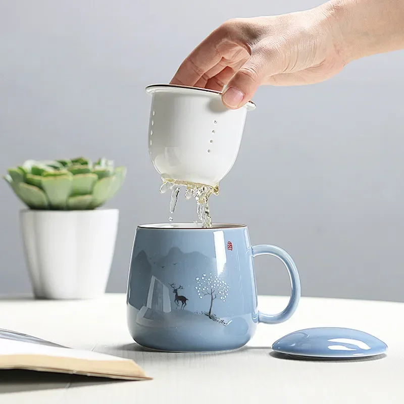 Керамическая чайная чашка с фильтром, Простая посуда для пар Большой емкости, бытовая Кофейная кружка с крышкой, Фарфоровая Офисная чашка для разделения чая