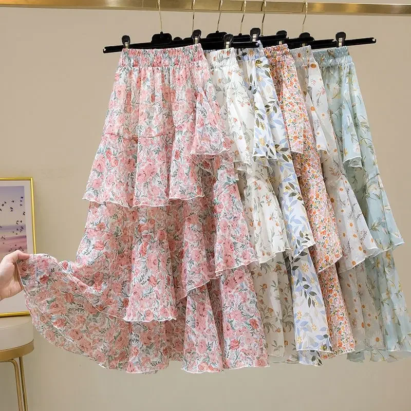 Шифоновые складки, лоскутные оборки, юбка с цветочным рисунком, Летние Элегантные длинные юбки-феи Kawaii, Повседневная Свободная Корейская модная женская одежда