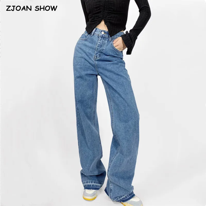 Американские ретро-синие джинсы с высокой талией и прямыми широкими штанинами, женские Свободные джинсовые брюки с манжетами, брюки длиной до пола, черные
