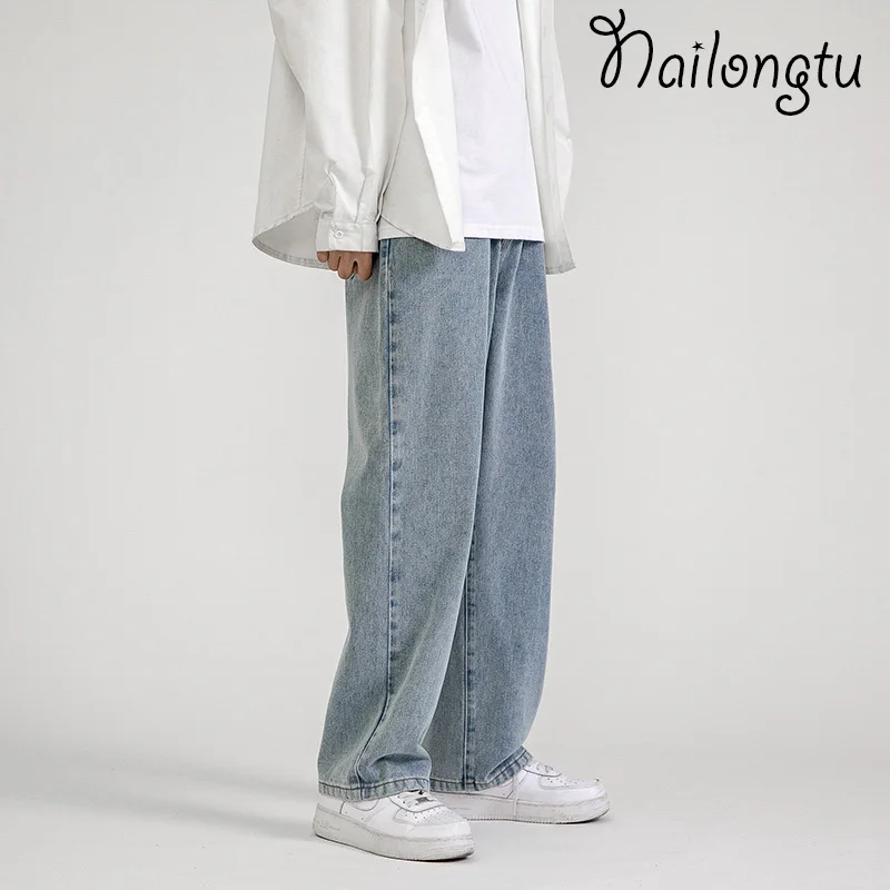 2023 Корейские Модные Мужские Мешковатые джинсы, Классические Универсальные Однотонные Джинсовые брюки с Прямыми штанинами, Широкие брюки, Мужские Светло-синие Серые Черные