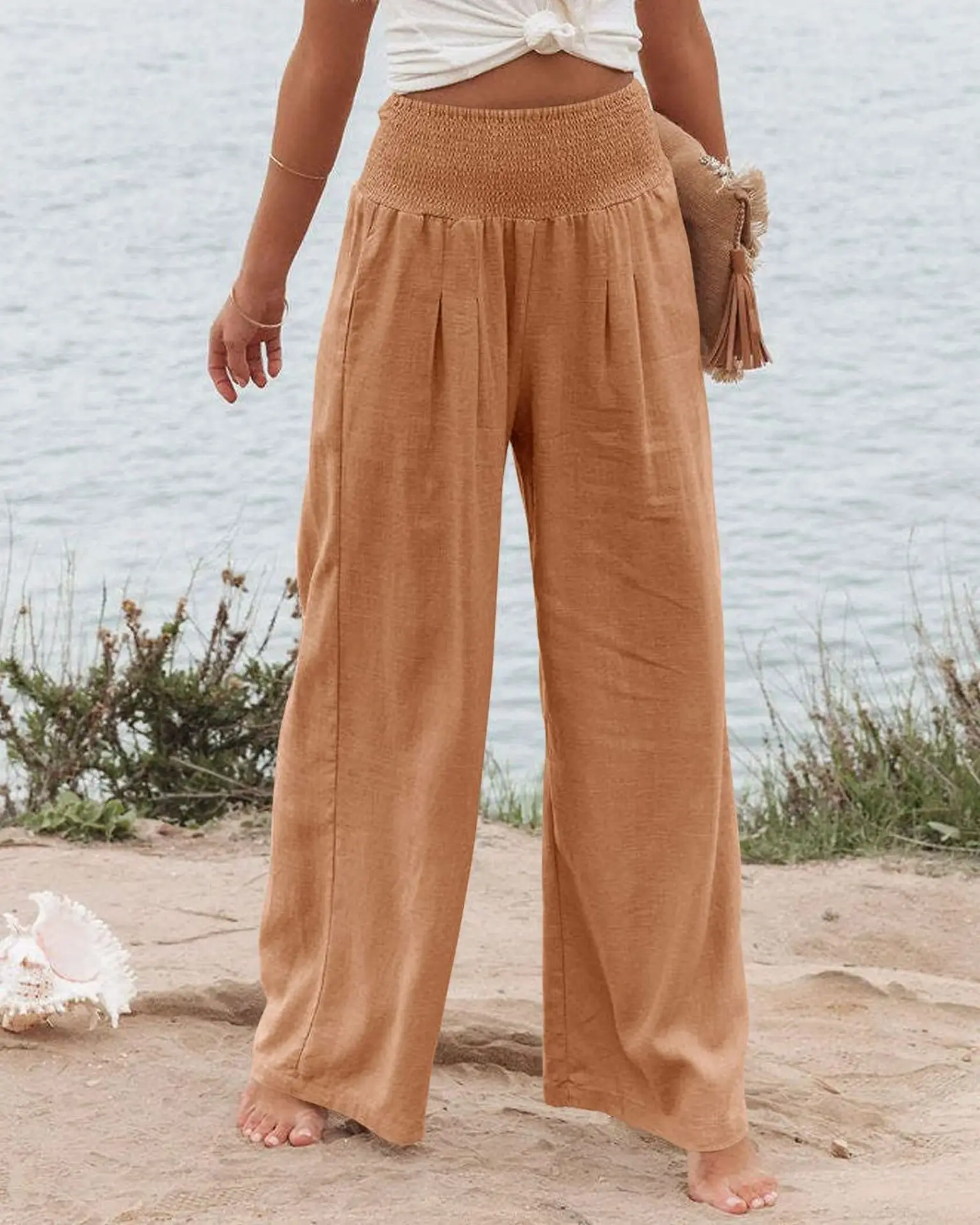 Широкие Хлопчатобумажные свободные брюки из конопли с эластичной высокой талией для отдыха женщин