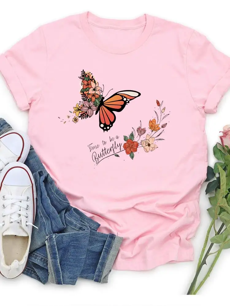 Трендовая одежда с принтом в виде бабочки и цветка 90-х, повседневная футболка, летняя женская одежда, женская мода, футболки с коротким рукавом, Графические футболки