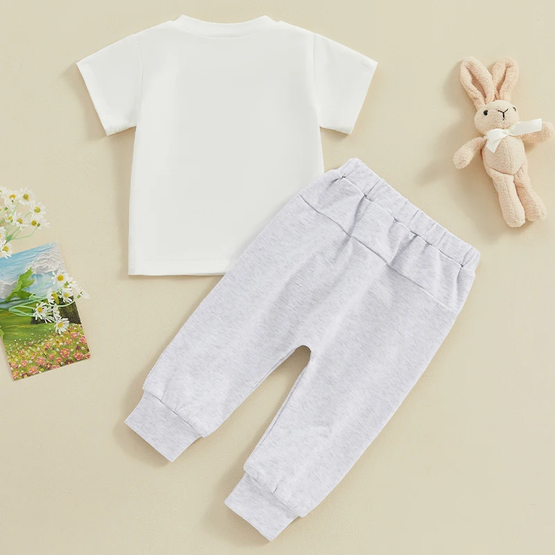 Пасхальные наряды для маленьких мальчиков, футболки с короткими рукавами и надписью, топы и штаны для бега трусцой, весенне-летняя одежда для малышей