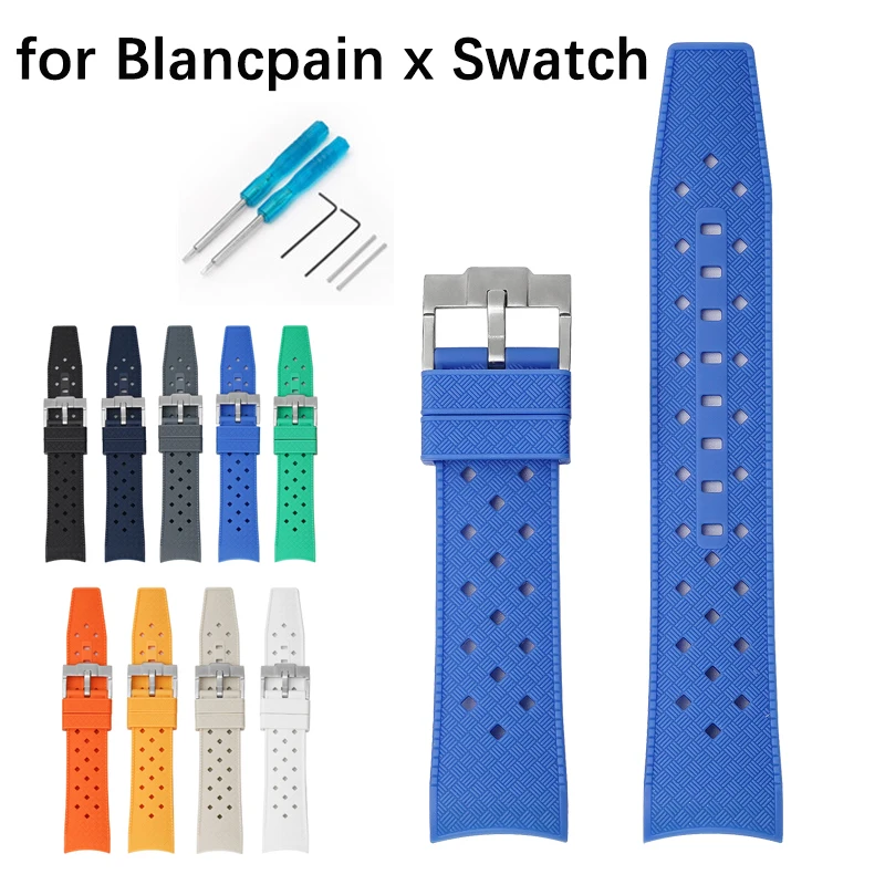 Жидкий силиконовый ремешок для Blancpain x Swatch Изогнутый конец пряжка из нержавеющей стали 22 мм Мужчины женщины Дышащее отверстие Заменить ремешок для часов