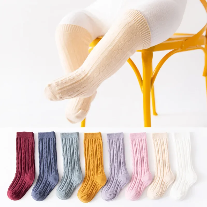 Новые детские носки из чесаного хлопка с длинными рукавами, детские гольфы до колена, однотонные детские носки с двойной иглой от 0 до 5 лет