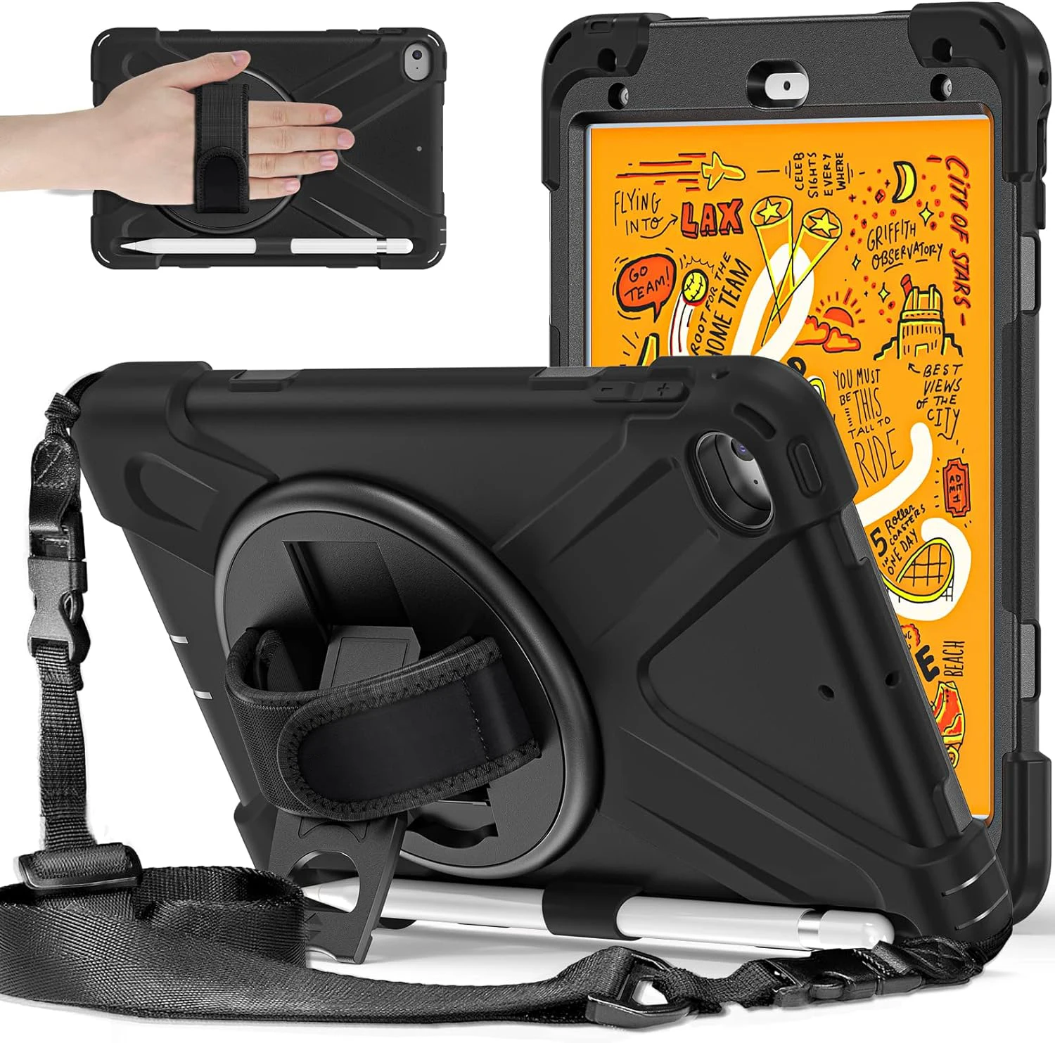 Чехол для Apple iPad Mini 5 Case 2019, iPad Mini 4 Case 2015, сверхпрочный защитный чехол, вращающаяся подставка, ремешок для рук, 7,9 дюйма, черный