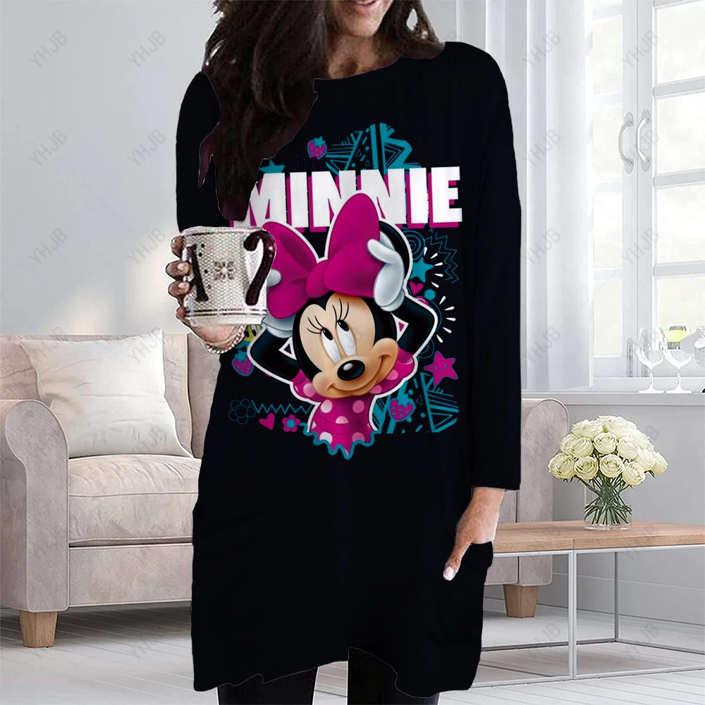 Женское свободное Винтажное зимнее платье с карманами большого размера с принтом Disney Minnie Mickey Mouse с длинным рукавом, весенние повседневные вечерние платья в стиле бохо 5XL