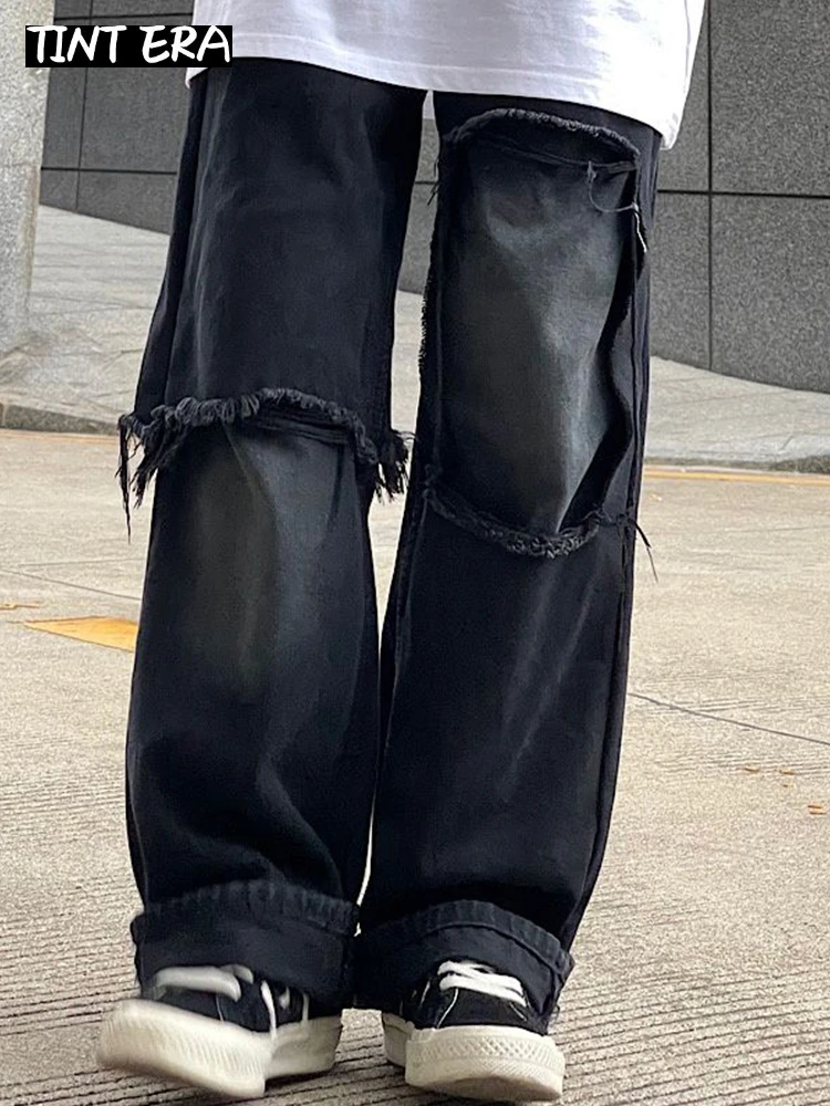 Мужские рваные джинсы Gloria Jeans TINT ERA, широкие джинсы, джинсовые брюки в стиле хип-хоп, мужская винтажная японская уличная одежда, брюки в стиле пэчворк с дырками