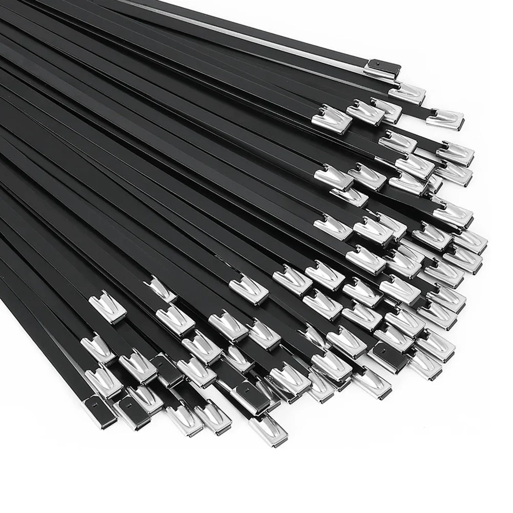 Металлические стяжки на молнии, черные, 100шт 11,8-дюймовые кабельные стяжки из нержавеющей стали 304 с эпоксидным покрытием для машин, транспортных средств, ферм, кабелей