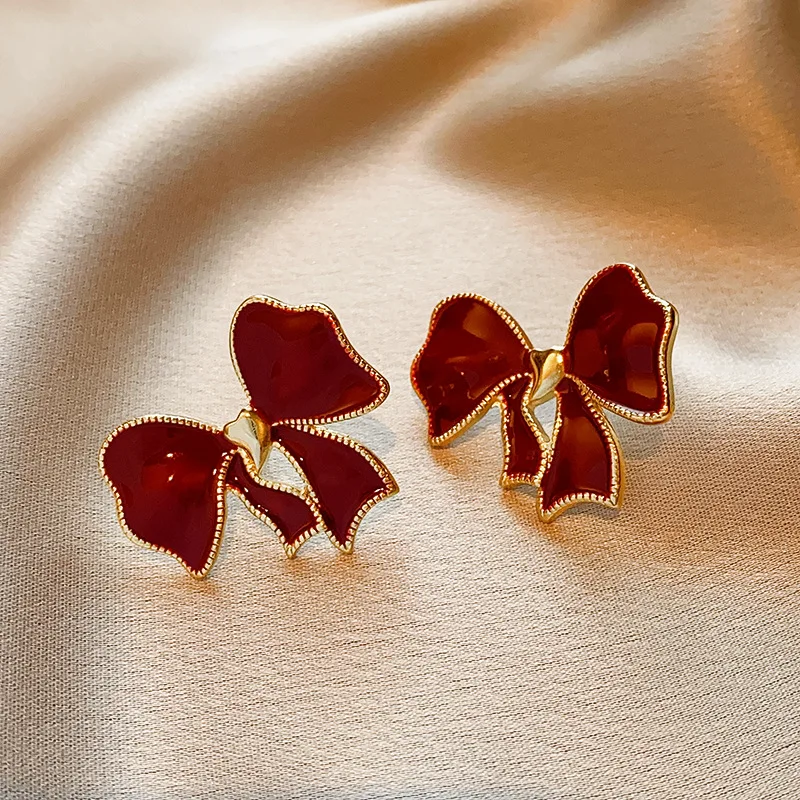 Элегантные серьги-гвоздики с бантиком из красной эмали 2023, модные украшения, милые Аксессуары для женских сережек