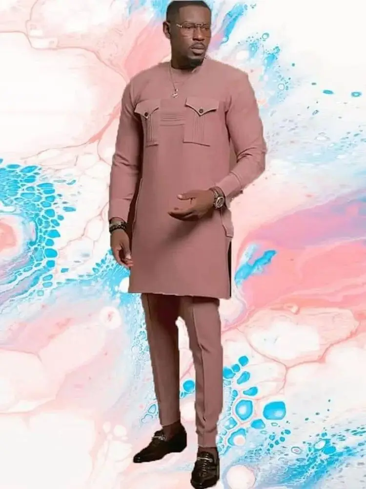 Новая роскошная мужская дизайнерская одежда из 2 предметов, комплекты брюк с круглым вырезом и длинными рукавами, Африканская этническая одежда, Элегантные костюмы для мужчин, Кафтан