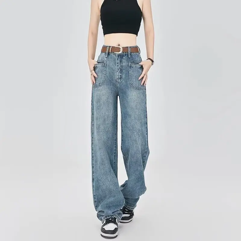 Уличная одежда Harajuku Женские джинсы с индивидуальными карманами, высокой талией, прямыми штанинами, свободными широкими джинсовыми брюками, женские ретро-мешковатые брюки
