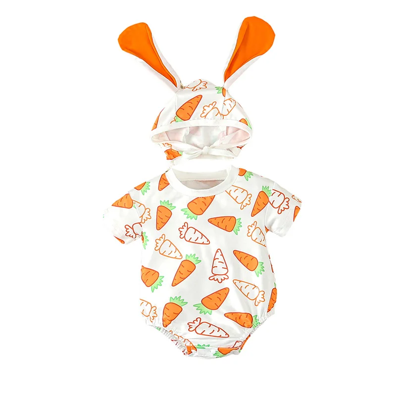 Комбинезон для новорожденных унисекс с коротким рукавом, боди с морковным принтом, шапка-кролик, 2 шт. Летние наряды