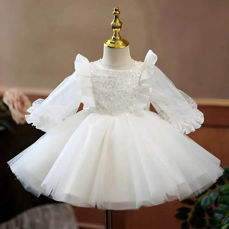Белое вечернее платье для девочек, свадебное платье для подростков, детское роскошное бальное платье принцессы для гала-концерта, сверкающие платья из тюля для младенцев