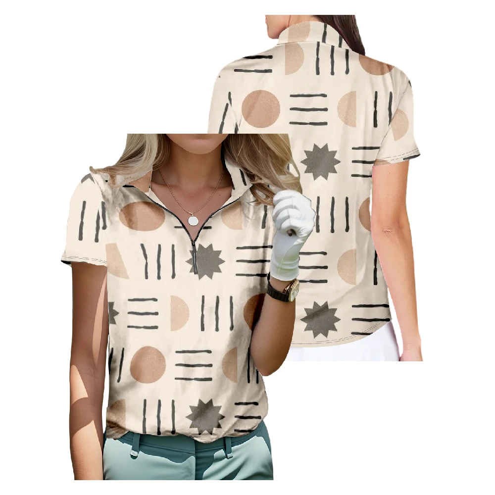 Рубашка для гольфа с геометрическим рисунком в стиле бохо с коротким рукавом, Дышащие Быстросохнущие топы на молнии, Модная уличная одежда, Женская спортивная одежда
