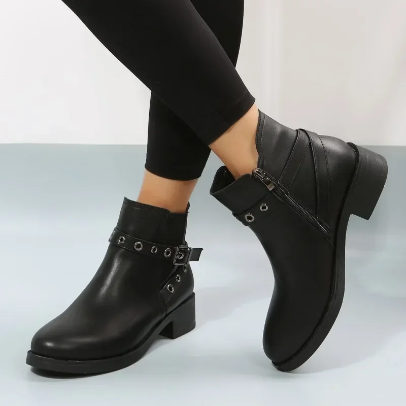 Женская обувь в продаже 2023 года, Новые женские ботинки на молнии, осенние ботинки с круглым носком и однотонной пряжкой, модные ботинки с квадратным корнем