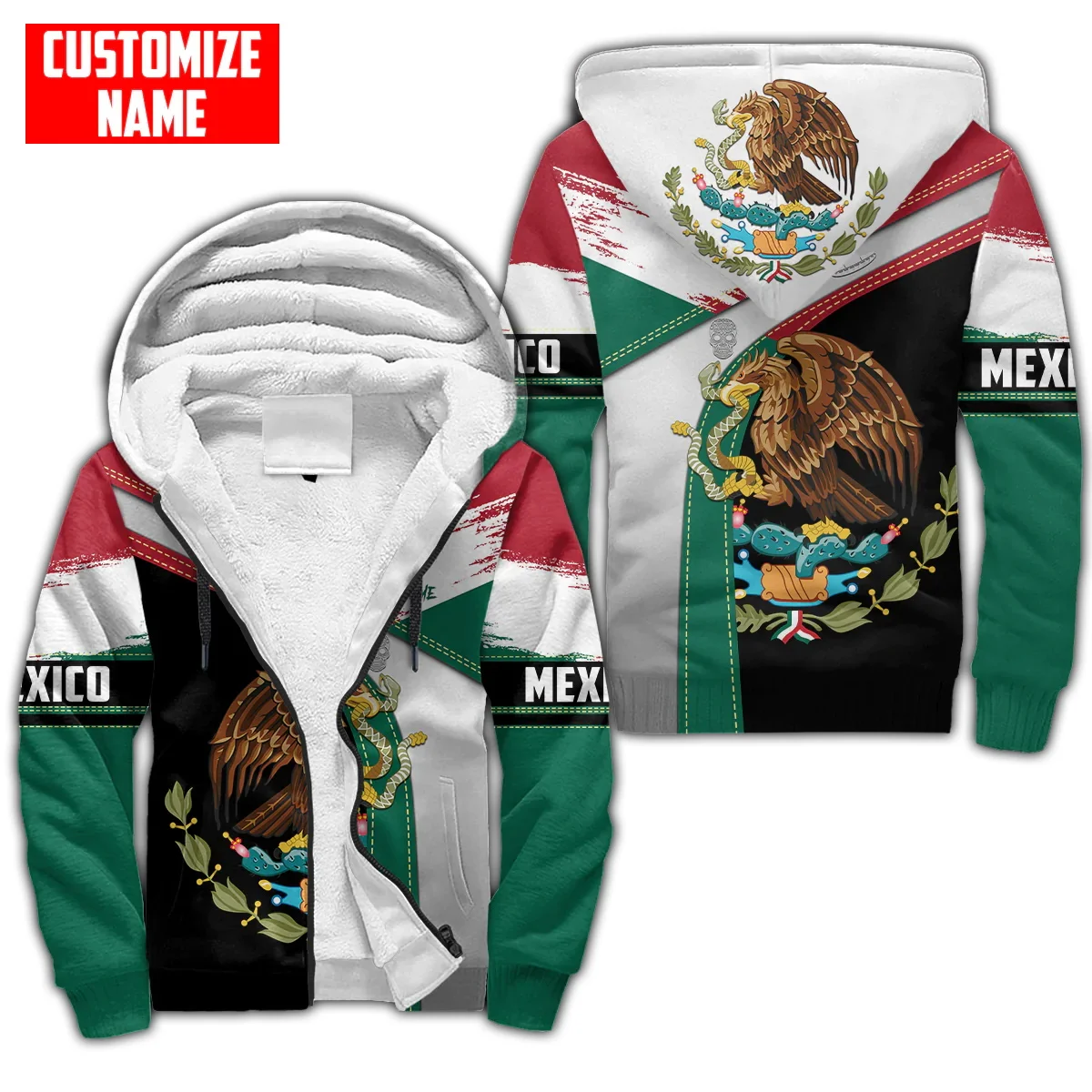 Персонализированное название Флаг Мексики Герб с 3D принтом Флисовые толстовки на молнии Унисекс Зима Теплая плюс бархатная куртка Пальто JRL09