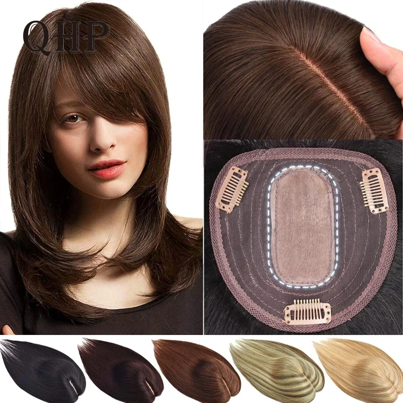 Топперы для волос для женщин из настоящих человеческих волос с челкой, заколка на шелковой основе в шиньонах, топпер Remy для тонких волос/выпадающих волос