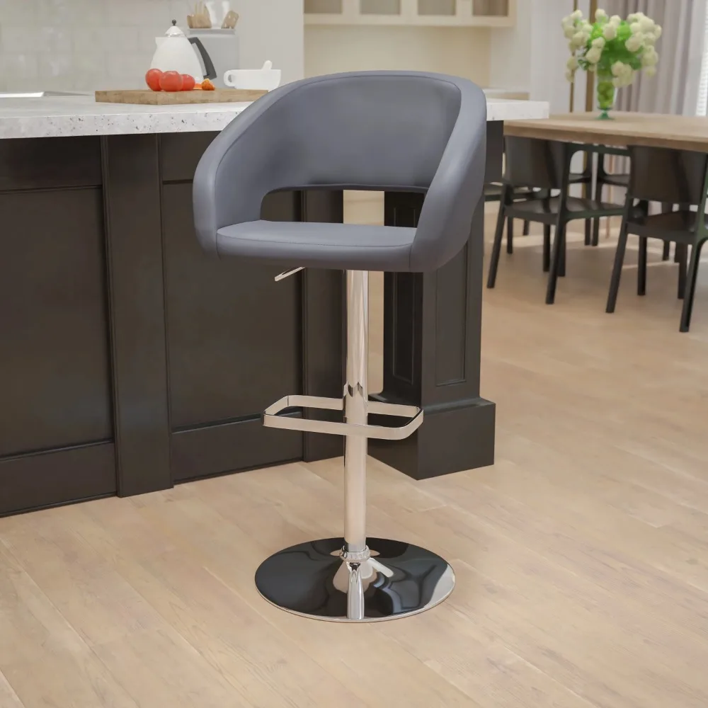 Современный серый виниловый барный стул с регулируемой высотой, закругленной средней спинкой и хромированным основанием
