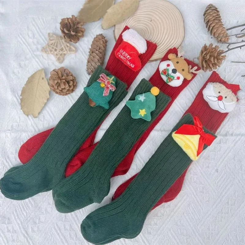 Ins Детские, Испания, Осенне-зимние, Рождественские, новогодние шерстяные носки для малышей, однотонные чулки средней высоты