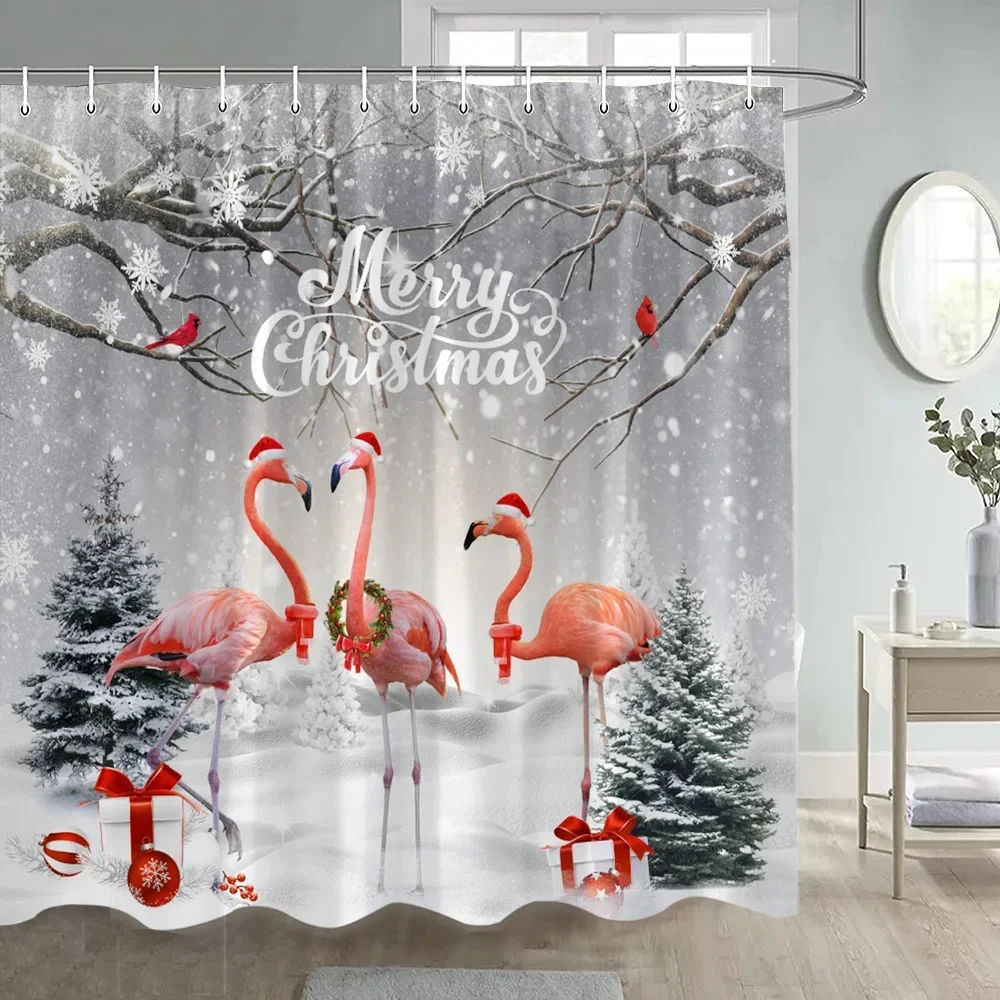Рождественская занавеска для душа с забавным Фламинго, зимний лес, Кедр, снежинка, природа, Снежная сцена, Новогодний Рождественский декор ванной комнаты с крючками