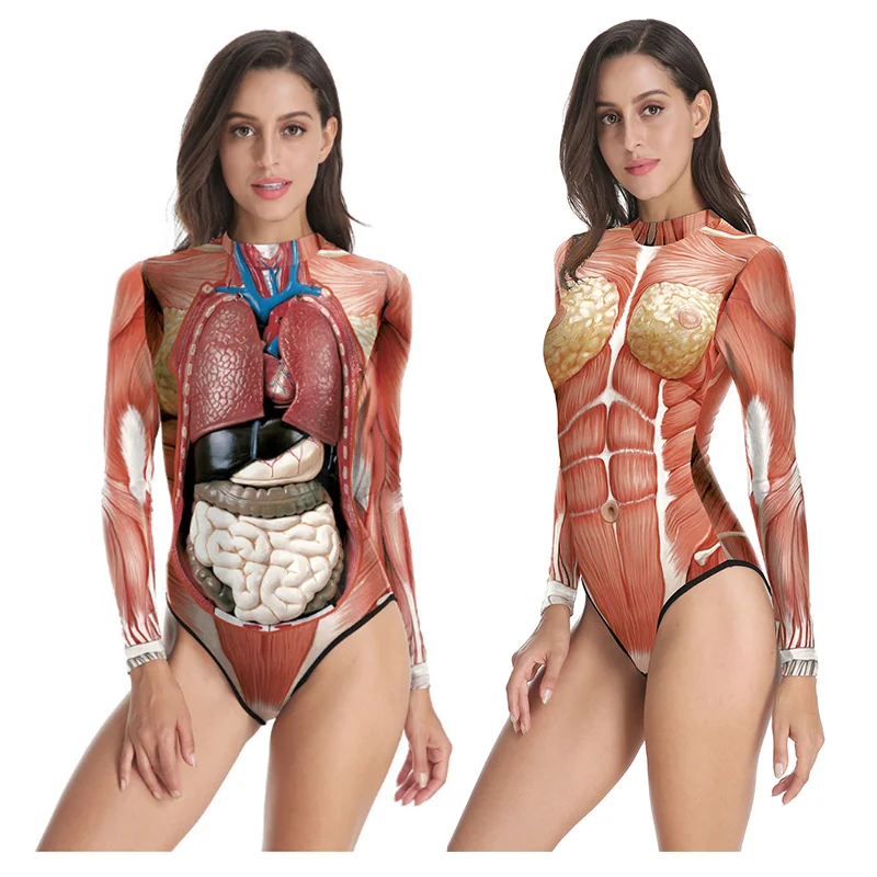 Боди с 3D принтом человеческих органов для косплея на Хэллоуин, сексуальные женские облегающие эластичные купальники с длинным рукавом