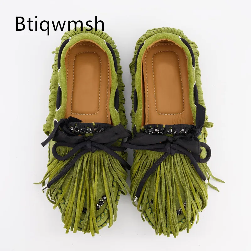 Зеленые женские туфли-лодочки с кисточками, острый носок, мягкая натуральная замша, Лоферы со стразами и бабочкой, женская удобная повседневная обувь