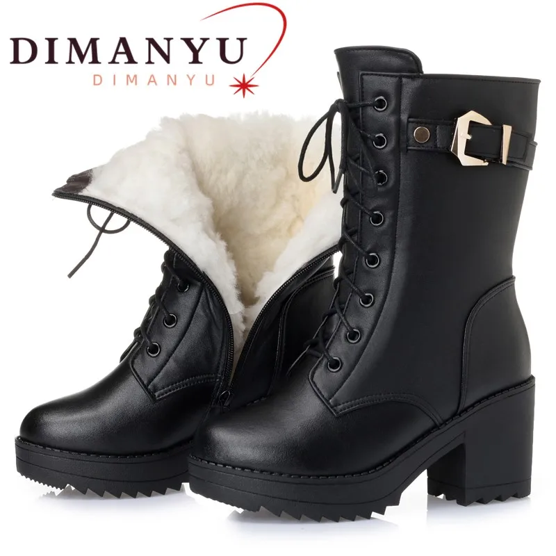 DIMANYU/ Женские зимние ботинки из натуральной кожи на высоком каблуке, толстая шерсть, теплые женские военные ботинки, нескользящие женские зимние ботинки