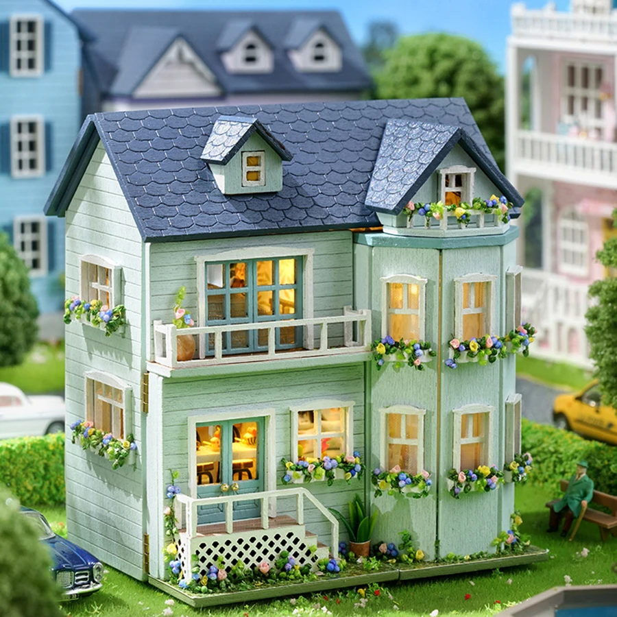 Мини-сборка модели виллы Архитектурный набор Ручной работы 3D Головоломка DIY Кукольный домик Игрушечный дом Творческая комната Украшение спальни мехом