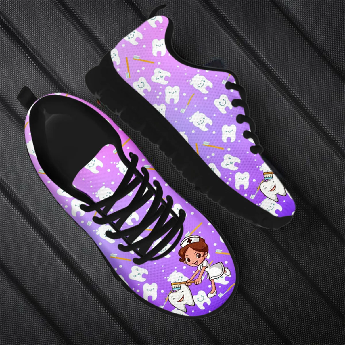Персонализированные туфли-лодочки на шнуровке с мультяшным принтом зубов, сетчатые женские кроссовки для стоматолога, удобная дышащая обувь для ходьбы на шнуровке 2022