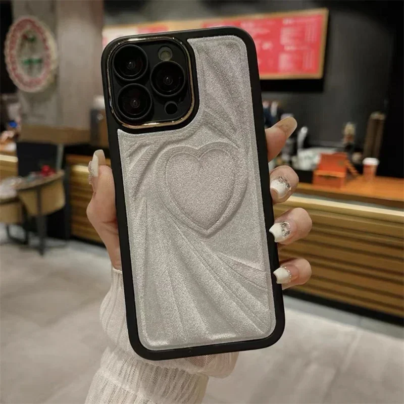 Теплый плюшевый чехол для телефона в корейском стиле с рисунком сердца для iPhone 11 12 13 14 15 Pro Max Защита объектива пленкой, Противоударный мягкий чехол