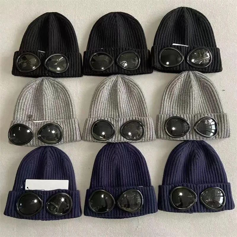 Дизайнерские очки с двумя линзами, защитные очки, шапочки, мужские вязаные шапки, кепки с черепом, Женские зимние шапочки Uniesex, Черно-серая шапочка