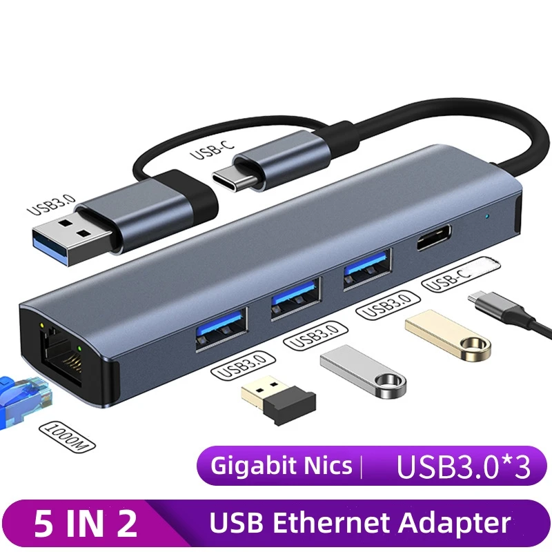 5 в 1 USB-C Ethernet Адаптер-концентратор 1000 Мбит/с USB3.0 КОНЦЕНТРАТОР RJ45 Lan для Портативных ПК Xiaomi Box Macbook Windows USB-C Сетевая карта-концентратор