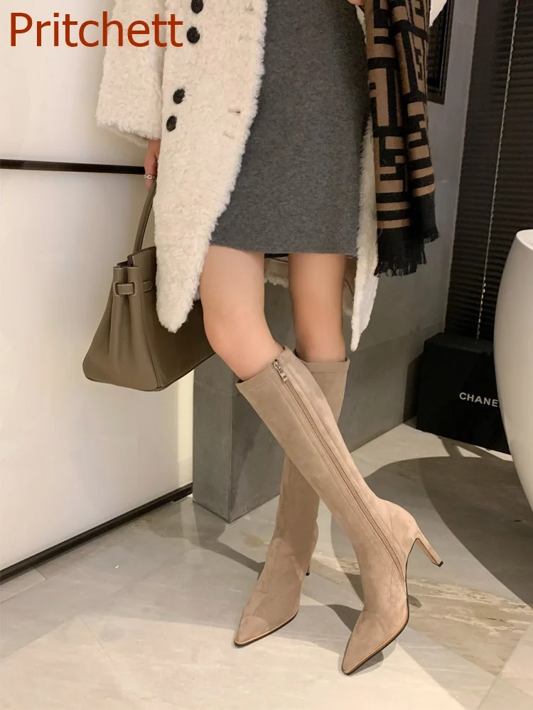 Сапоги на высоком каблуке с острым носком, женские осенне-зимние замшевые сапоги до колена, эластичные современные сапоги с высокой трубкой, модная удобная обувь
