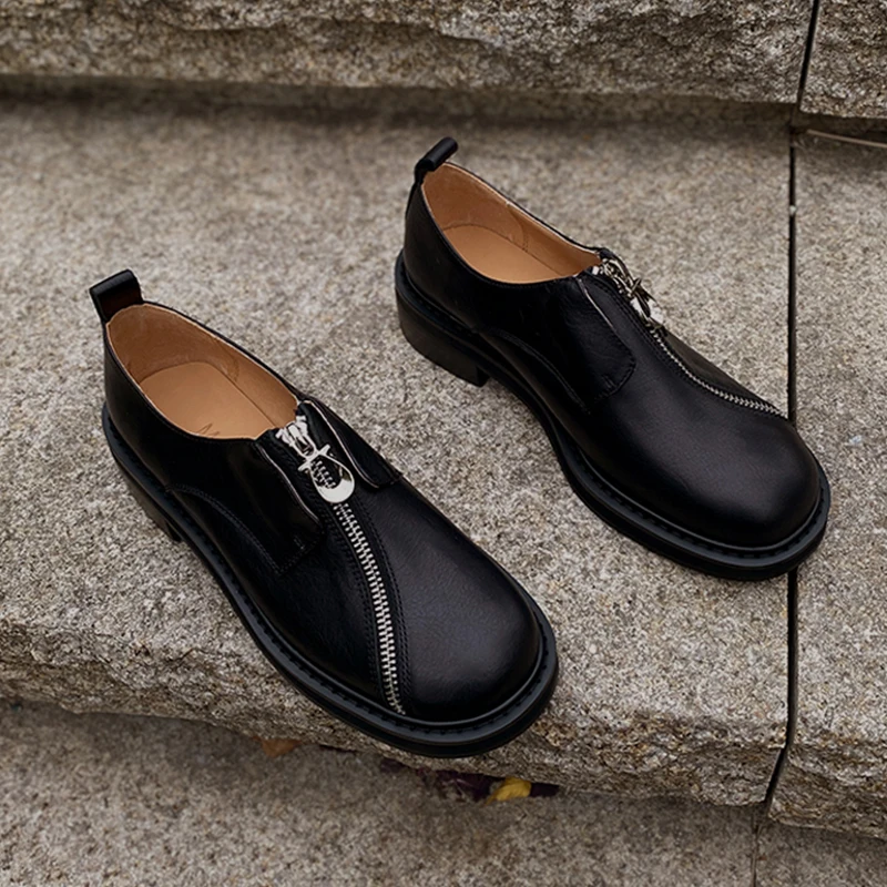 Мокасины на молнии Heihaian 2023, Новые Черные Модные туфли в стиле ретро, маленькие кожаные туфли с круглым носком, туфли на толстом каблуке, подходящие для женщин