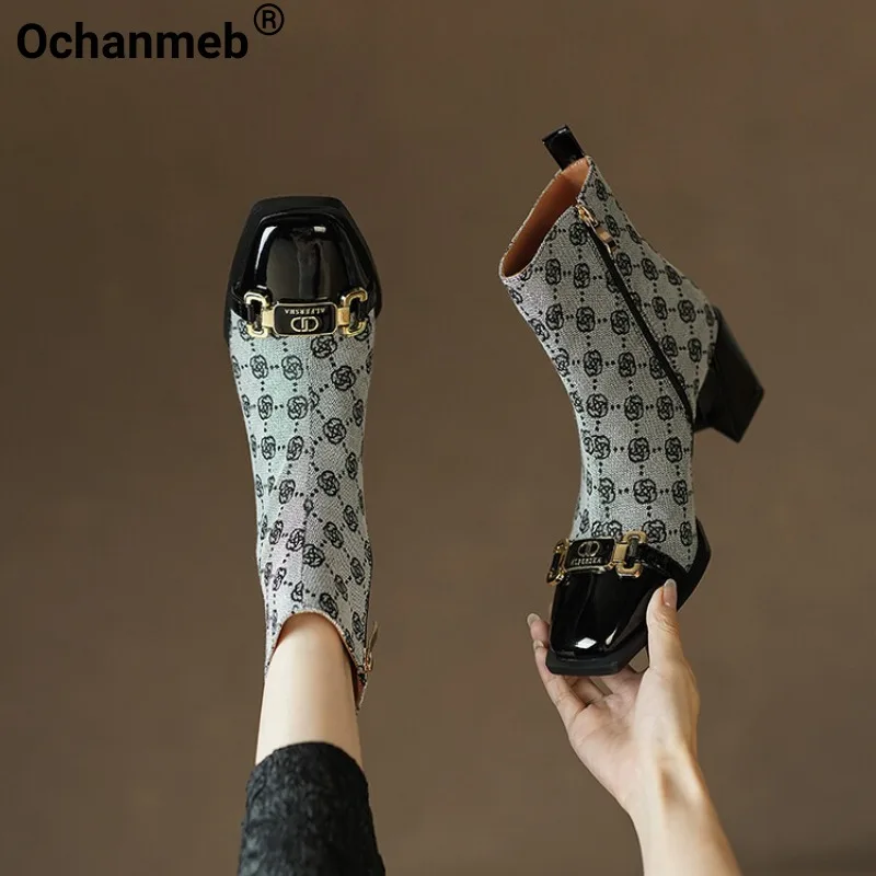 Ochanmeb, Женские ботинки из натуральной кожи, Стильная дизайнерская женская обувь с металлической цепочкой и цветочным рисунком, Зимняя обувь на молнии на толстом высоком каблуке 33-40