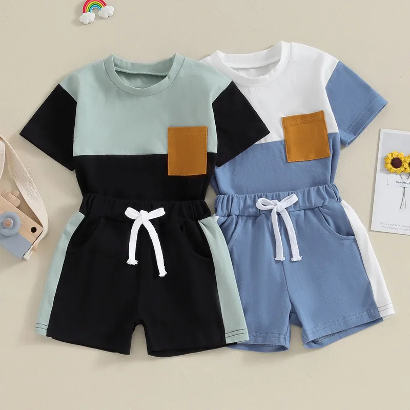 Комплекты шорт из 2 предметов для новорожденных мальчиков, летняя одежда контрастных цветов, футболка с коротким рукавом и эластичные шорты, детская одежда