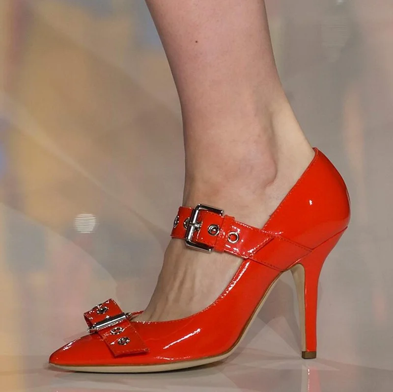 Пикантные туфли-лодочки на высоком каблуке-шпильке с острым носком, Женские туфли-лодочки с пряжкой на ремне, красные, черные туфли-лодочки из лакированной кожи, Обувь для банкета Mary Janes