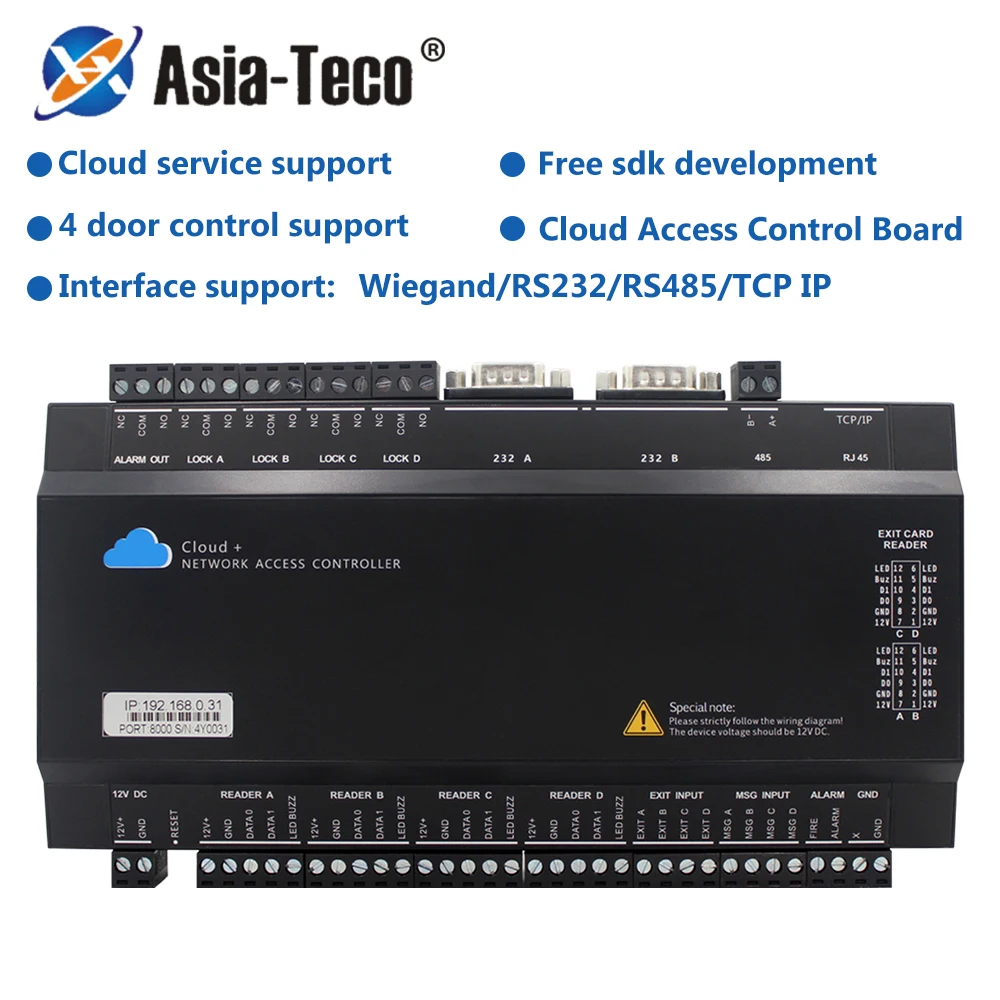 Плата контроллера доступа к облачной сети с 4 дверями для двустороннего входа и выхода HTTP TCP IP MQTT RS485 RS232 Wiegand 26 SDK бесплатно