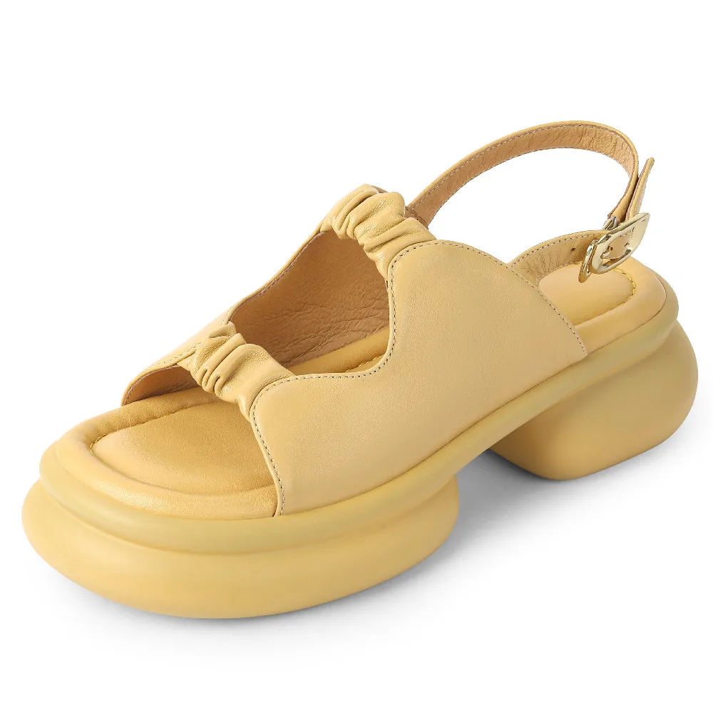 Женские босоножки-клеши на толстой подошве из натуральной кожи на платформе с открытым носком, мягкие удобные повседневные женские летние сандалии, женская обувь