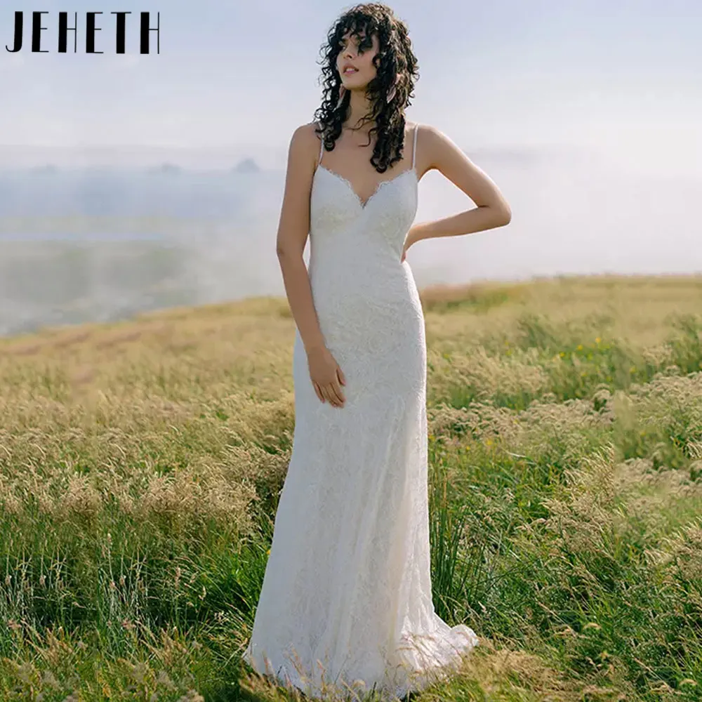 Свадебное платье JEHETH на тонких бретельках с V-образным вырезом, Классическое кружевное свадебное платье с аппликацией, V-образный вырез, без спинки, без рукавов, Тюлевый халат De Mariée