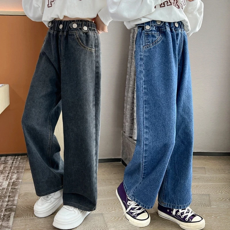 Широкие джинсы для девочек, весенние новые детские прямые джинсовые брюки с пуговицами, свободные модные повседневные брюки для подростков