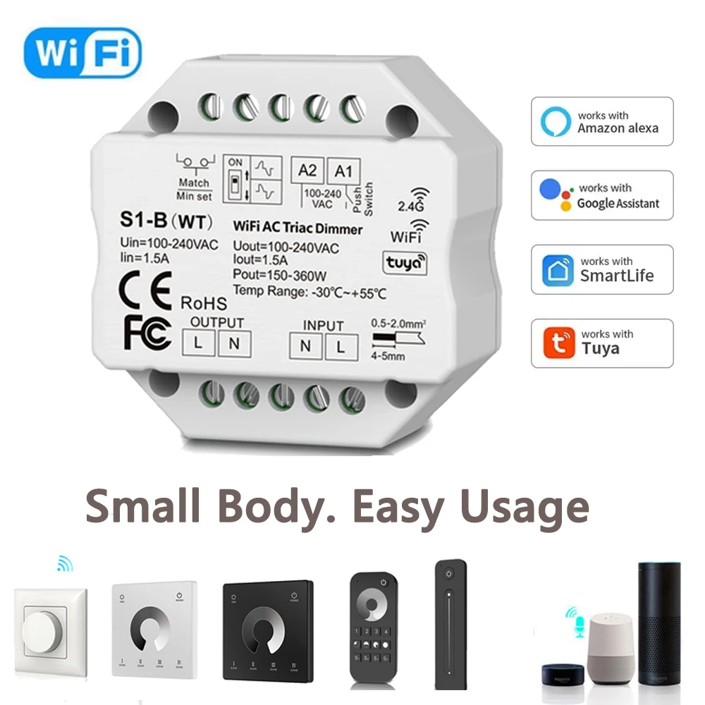 Tuya Smart Life WiFi RF Симисторный Диммер Переменного Тока Светодиодный Контроллер Кнопочный Переключатель 110V 220V 230V Беспроводной Пульт Дистанционного Управления Smart Home Alexa Google Home